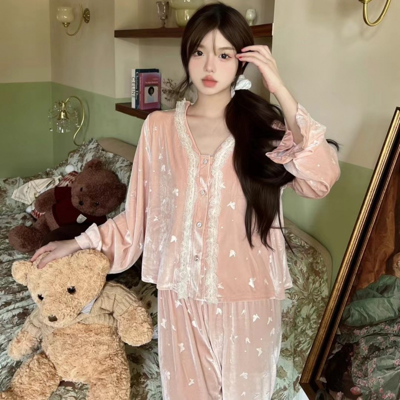 여성용 골드 벨벳 긴팔 바지 잠옷, 프렌치 레이스 나비 - Home Fragrance In French 리뷰 및 가격